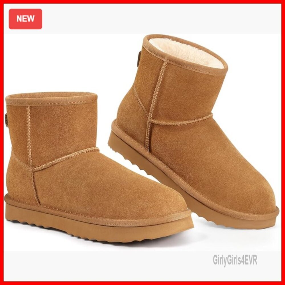 Genuine Suede Ankle Boots with Faux Fur Lining, Winter Snow Booties